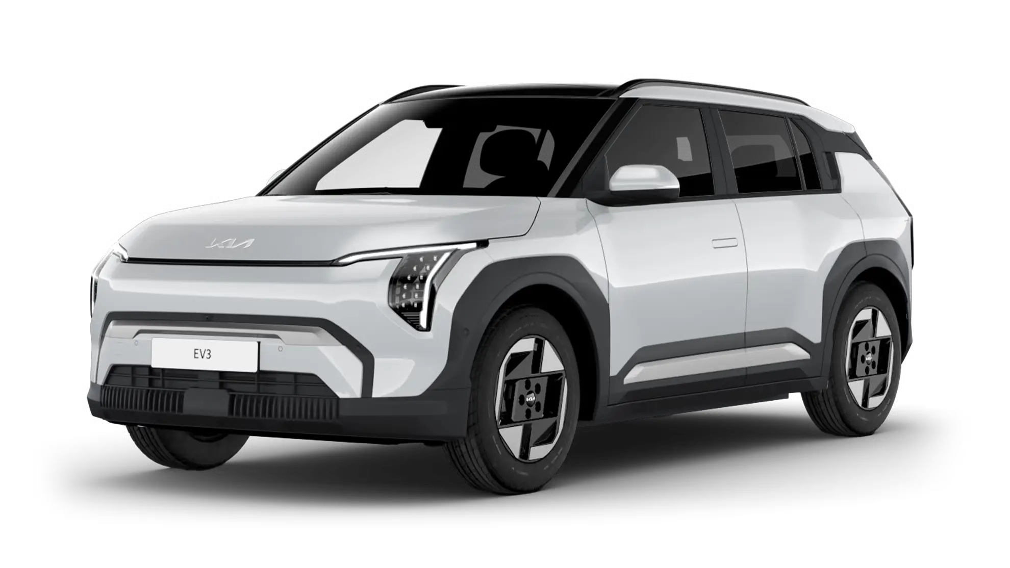 1-teaser-kia-ev3-snowwhitepearl- Ein weißer Kia EV3 SUV mit futuristischem Design.