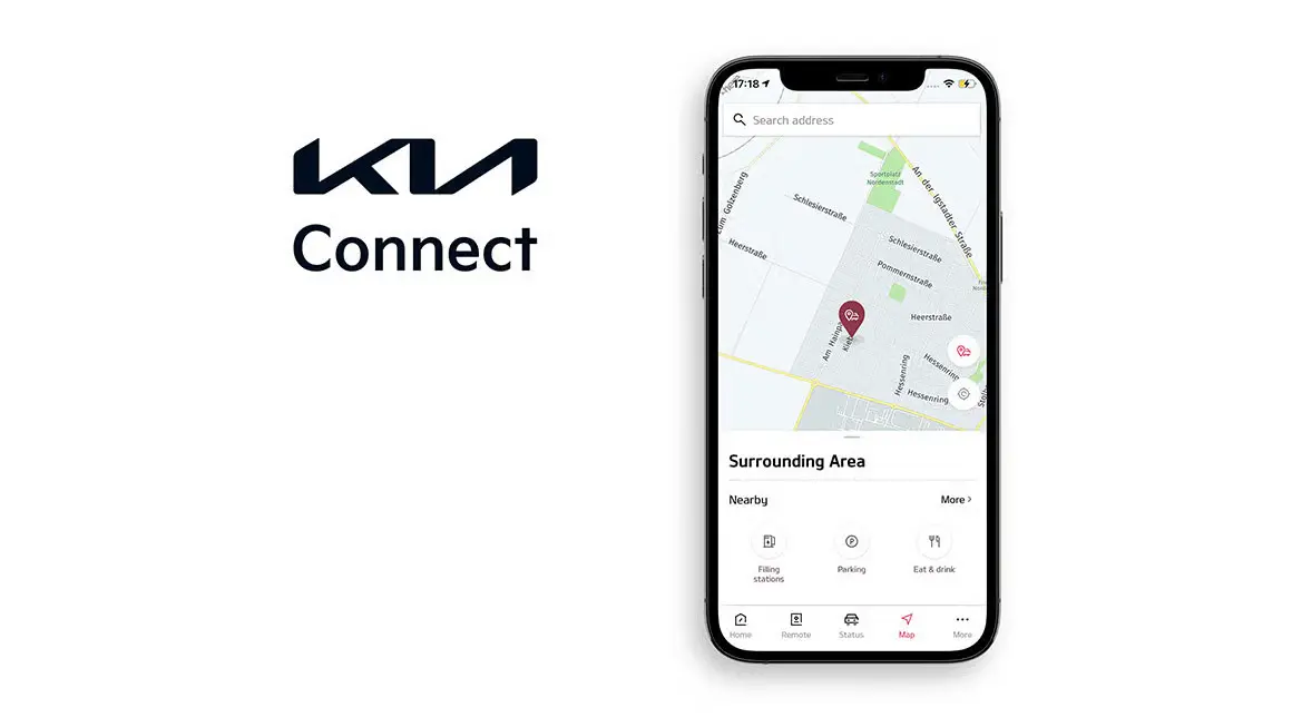 Smartphone mit geöffneter Kia Connect App zeigt eine Karte.
