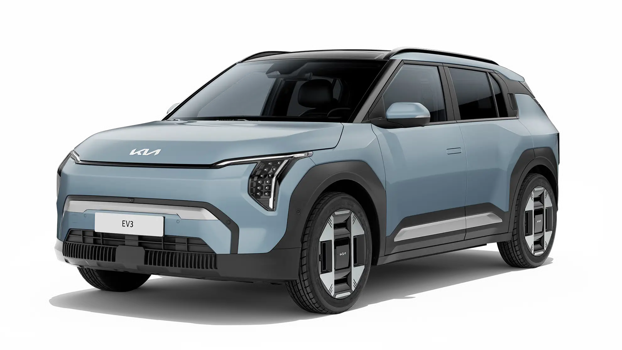 2-Teaser-kia-ev3-earth Ein blauer Kia EV3 mit modernem Design auf schwarzem Hintergrund.