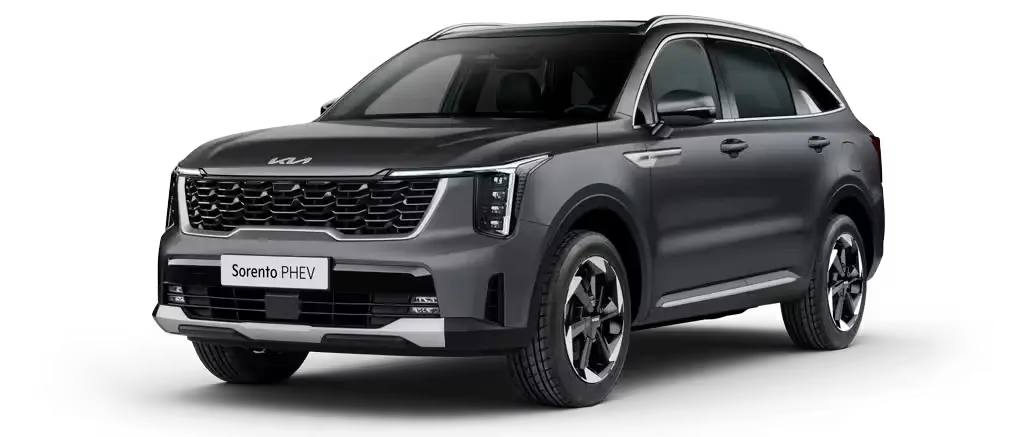 3-teaser-kia-sorento-phev KIA Sorento PHEV SUV in seitlicher Frontansicht.