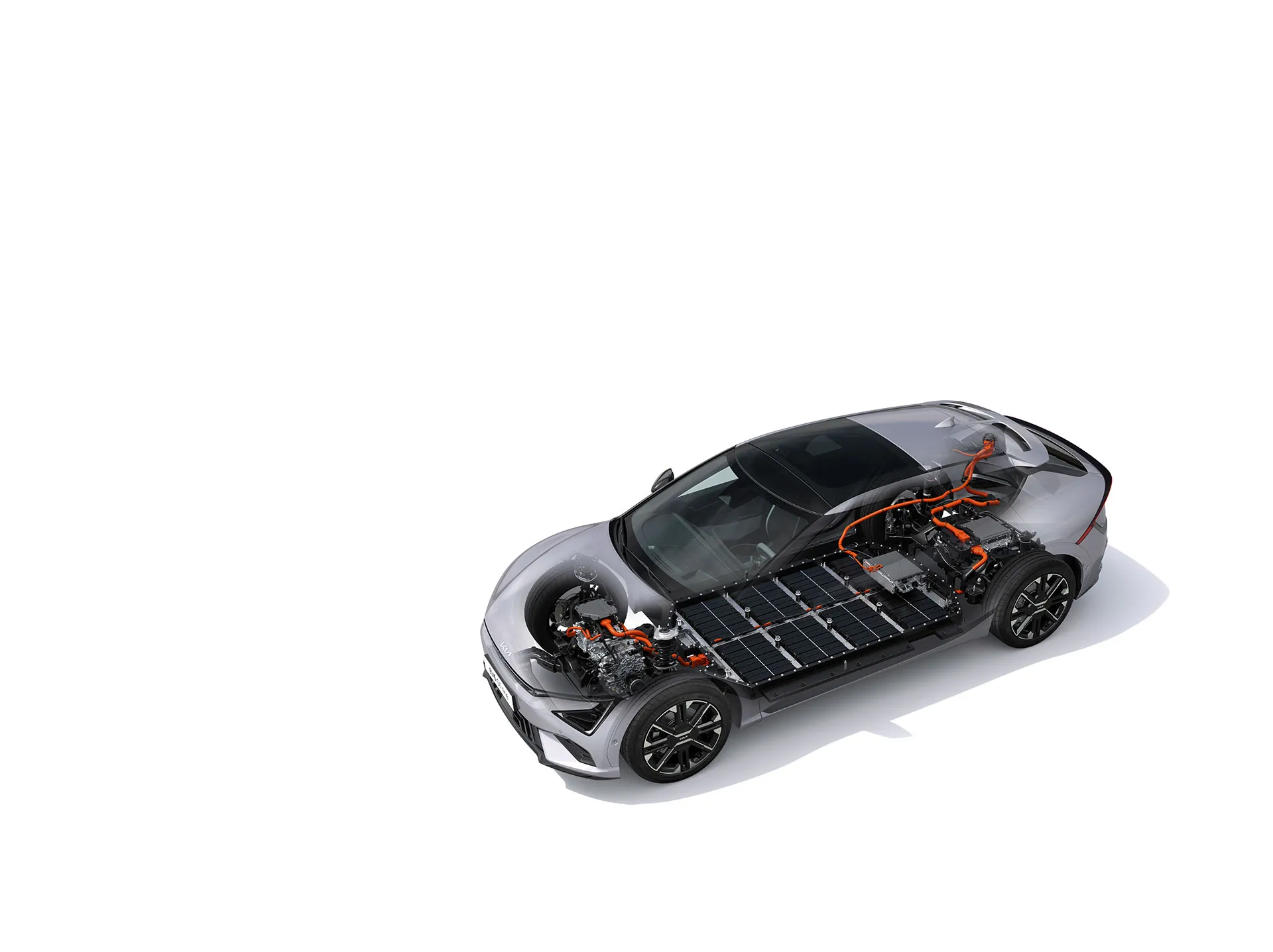 Kia EV6 mit Cutaway-Ausschnitt zeigt Batterien, Motoren und Verkabelung.