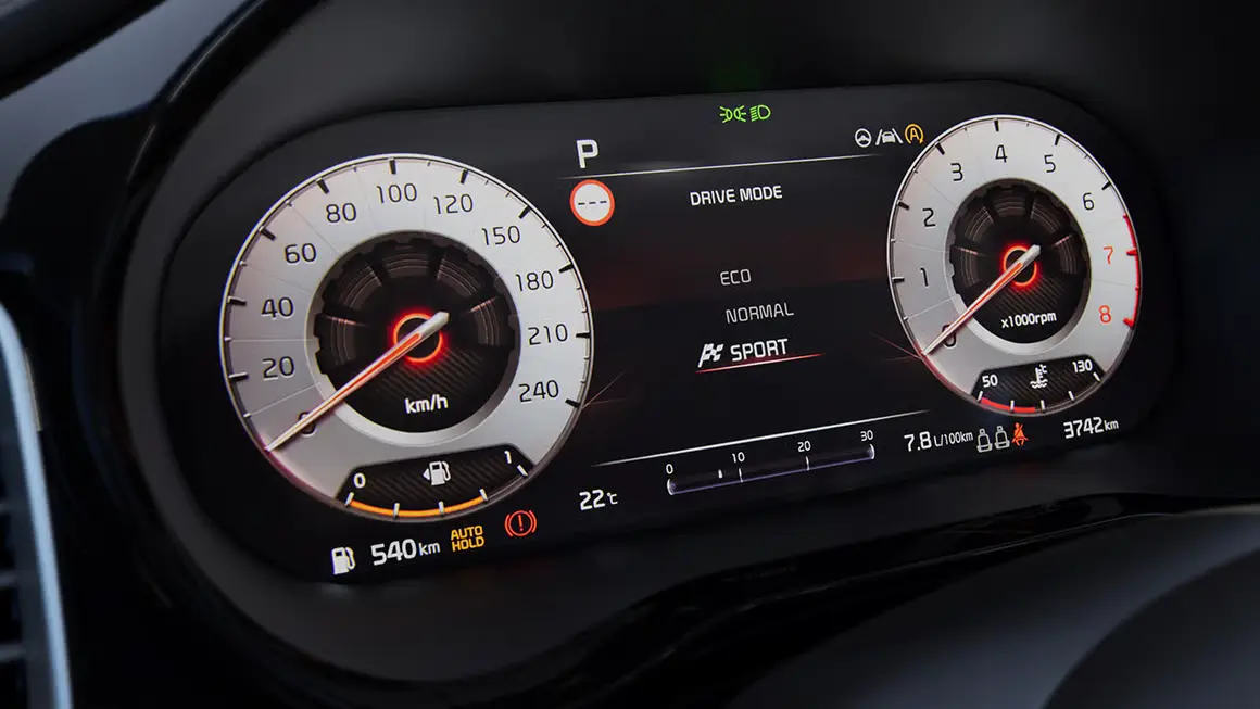 Armaturenbrett eines Kia XCeed mit Tachometer und Drehzahlmesser.