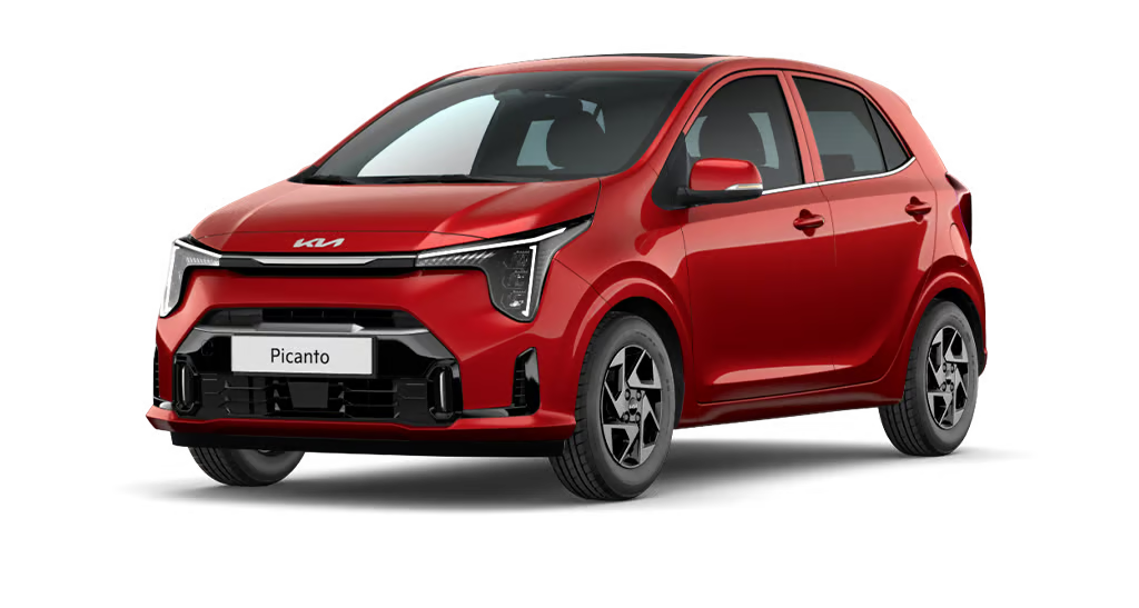 Kia-Picanto-Vision Roter Kia Picanto Vision von schräg vorne auf transparentem Hintergrund.
