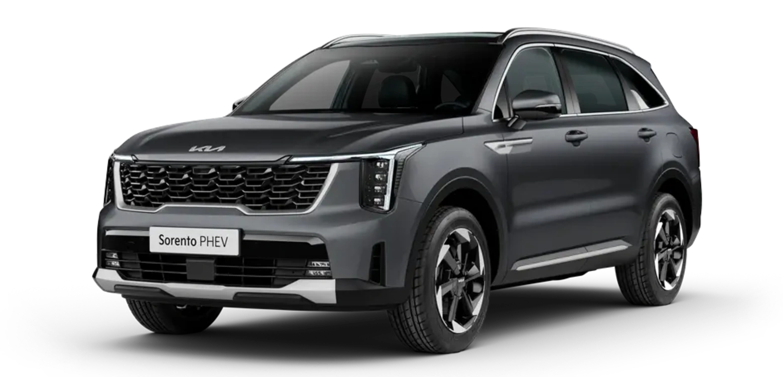 KIA Sorento PHEV in dunklem Grau, seitliche Frontansicht.