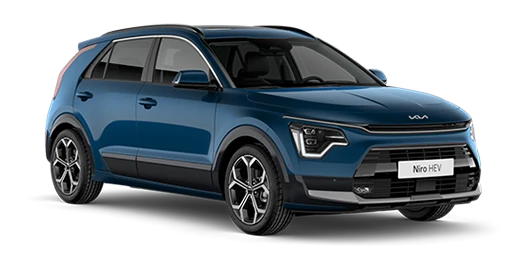 KIA Niro Hybrid in Blau, seitliche Vorderansicht.