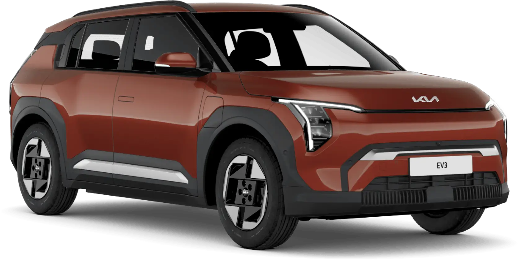 Kia-EV3-Header Kia EV3 in Rot, seitliche Frontansicht.