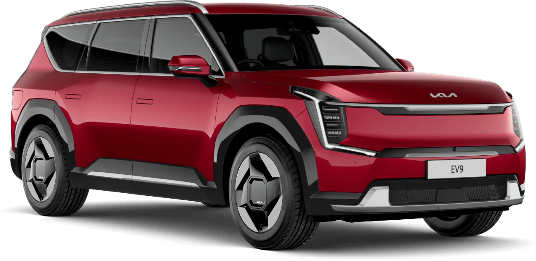 Kia-EV9-Header Roter Kia EV9 SUV auf transparentem Hintergrund.