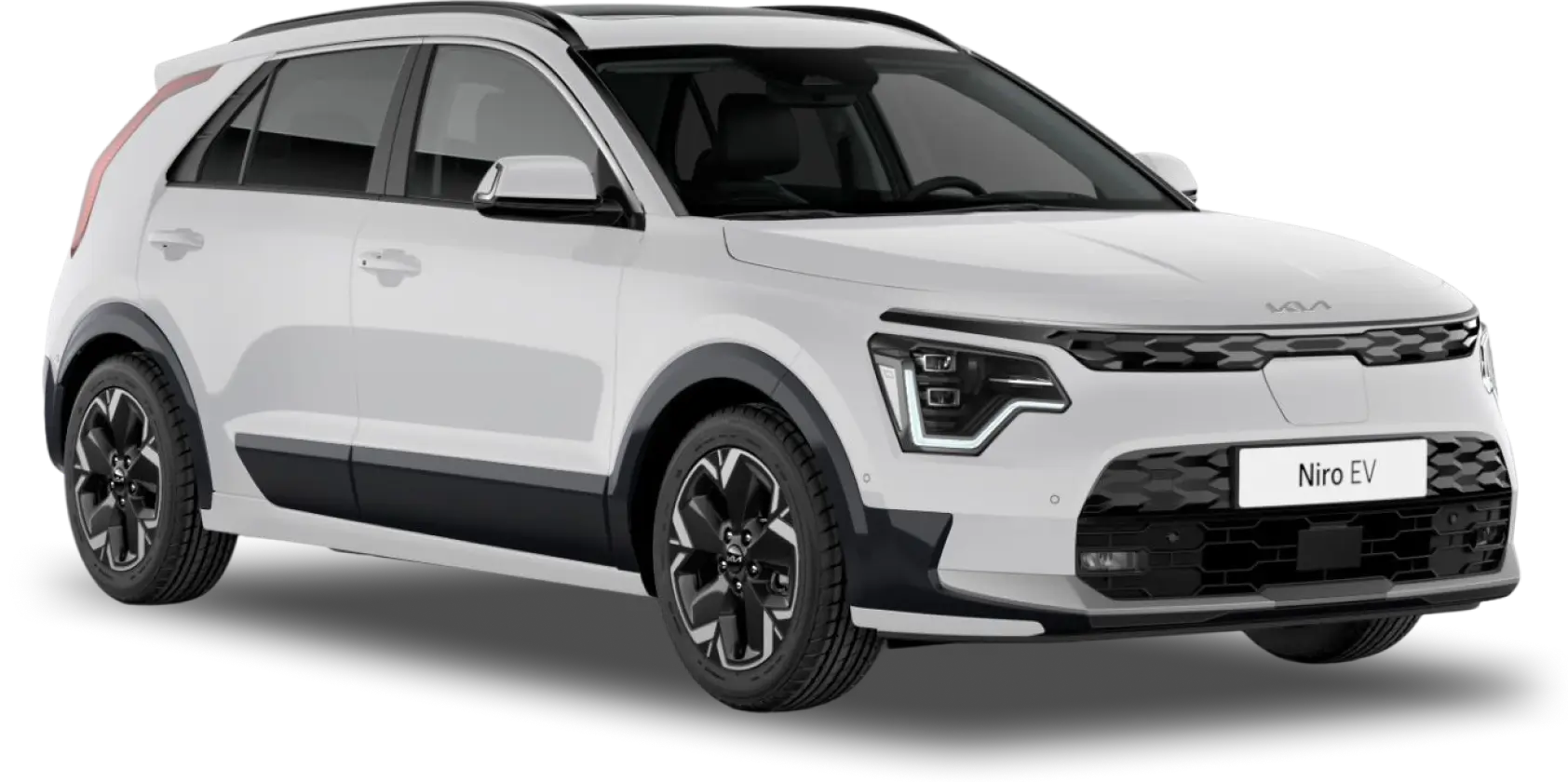 Kia-Niro-Header Kia Niro EV in weißer Farbe, seitliche Frontansicht.