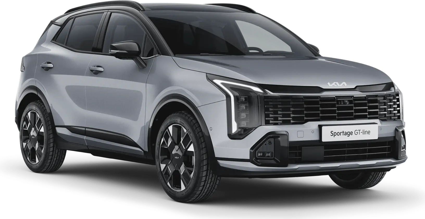 Kia-Sportage-Header Kia Sportage GT-line in Silber, Front- und Seitenansicht.