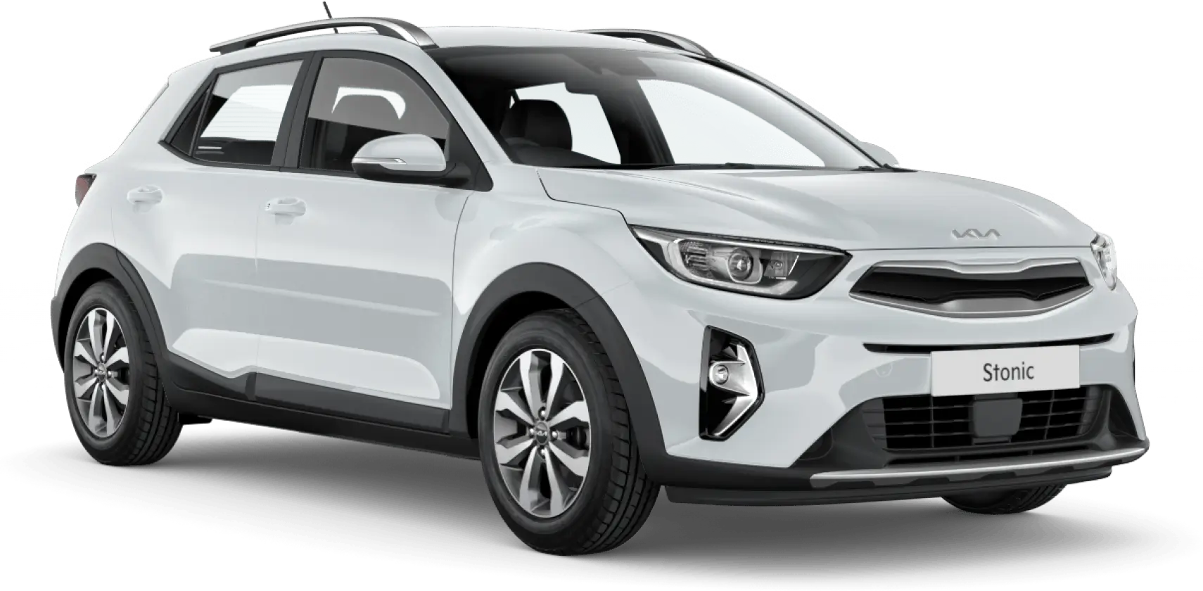 Kia Stonic Header Weißer Kia Stonic mit sichtbarer Front und Seite auf transparentem Hintergrund.