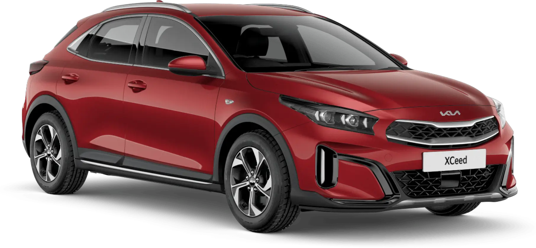Kia-Xceed-Header Roter Kia XCeed SUV, seitliche Frontansicht.